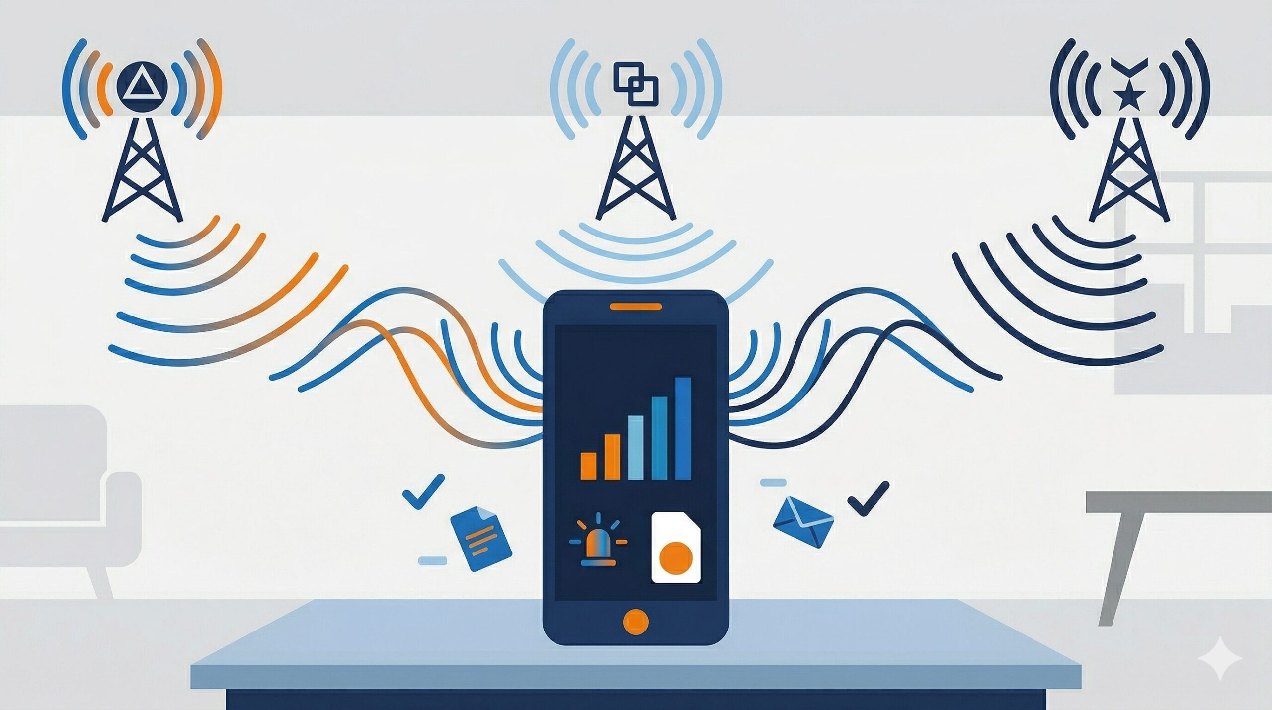 スマートフォンと3キャリアの電波イメージ図