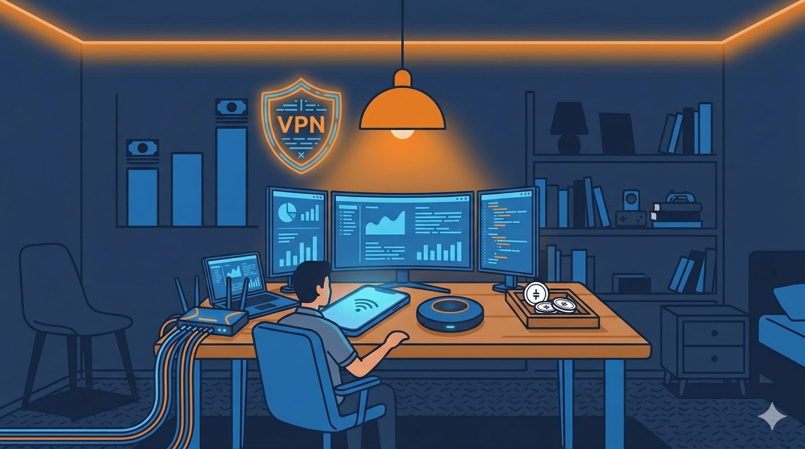 在宅テレワークでVPN接続を使うエンジニアのイメージイラスト