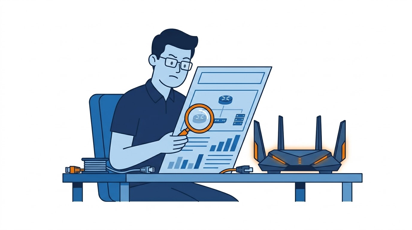 ゲーミングルーターのスペックシートを検証するエンジニアのイメージ図