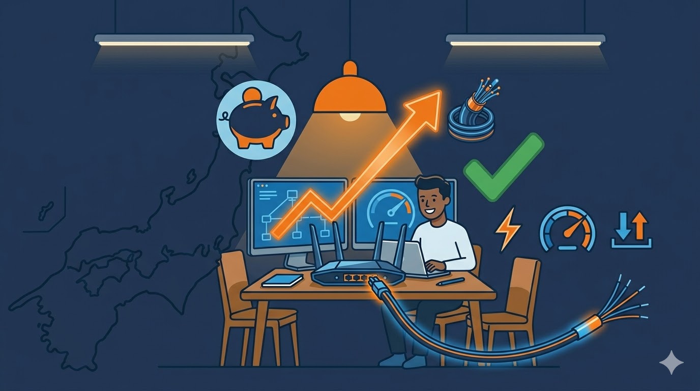 快適な在宅ワーク環境・光回線でスムーズに仕事をするエンジニアのイメージ